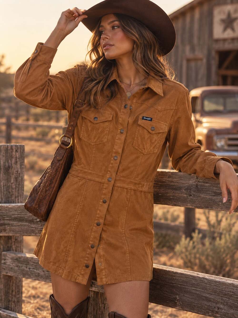 Wrangler Retro Women’s Large Faux Suede Western Shirt Dress Brown Cowgirl Y2K